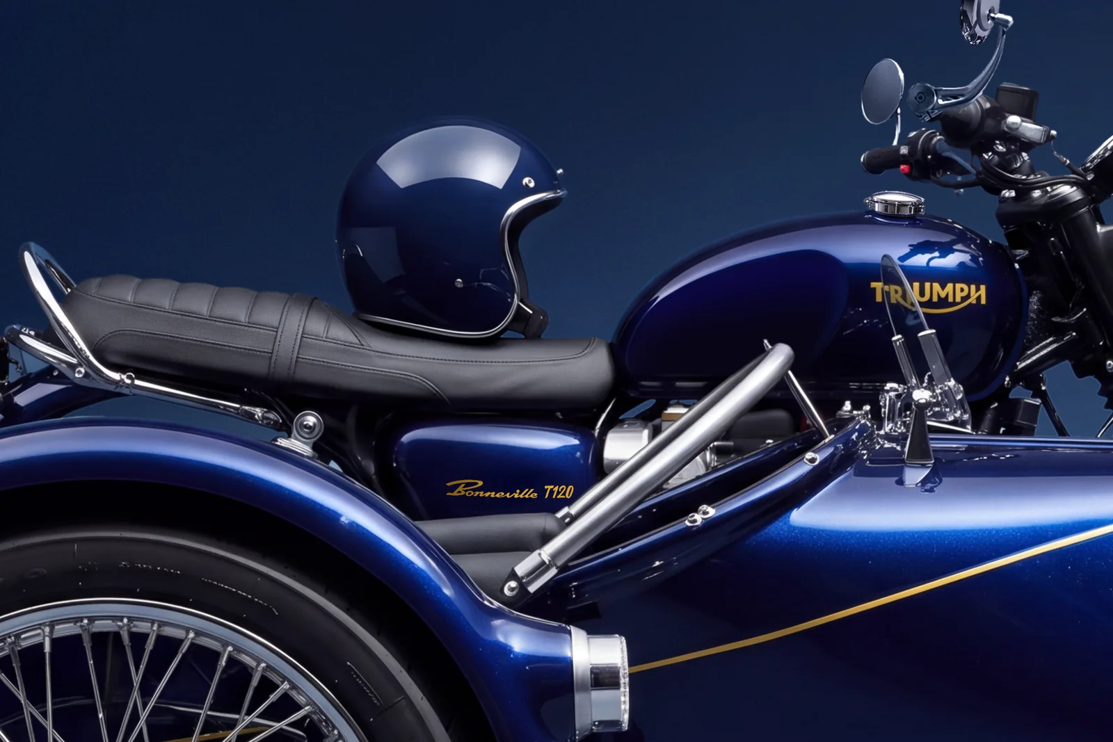 Blue Triumph sidecar in profile, helmet resting on the saddle