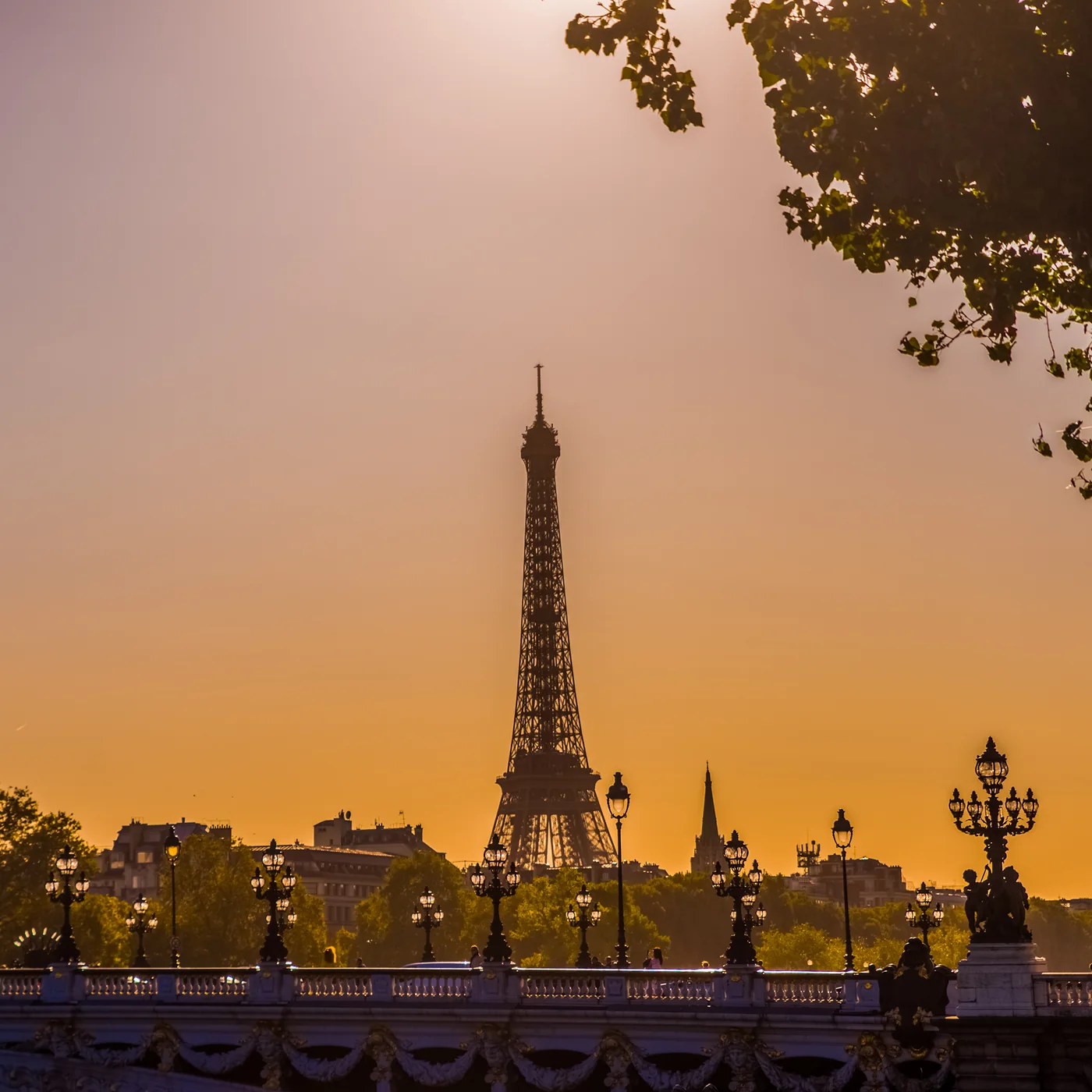 Le pont Alexandre III et la Tour Eiffel au coucher du soleil