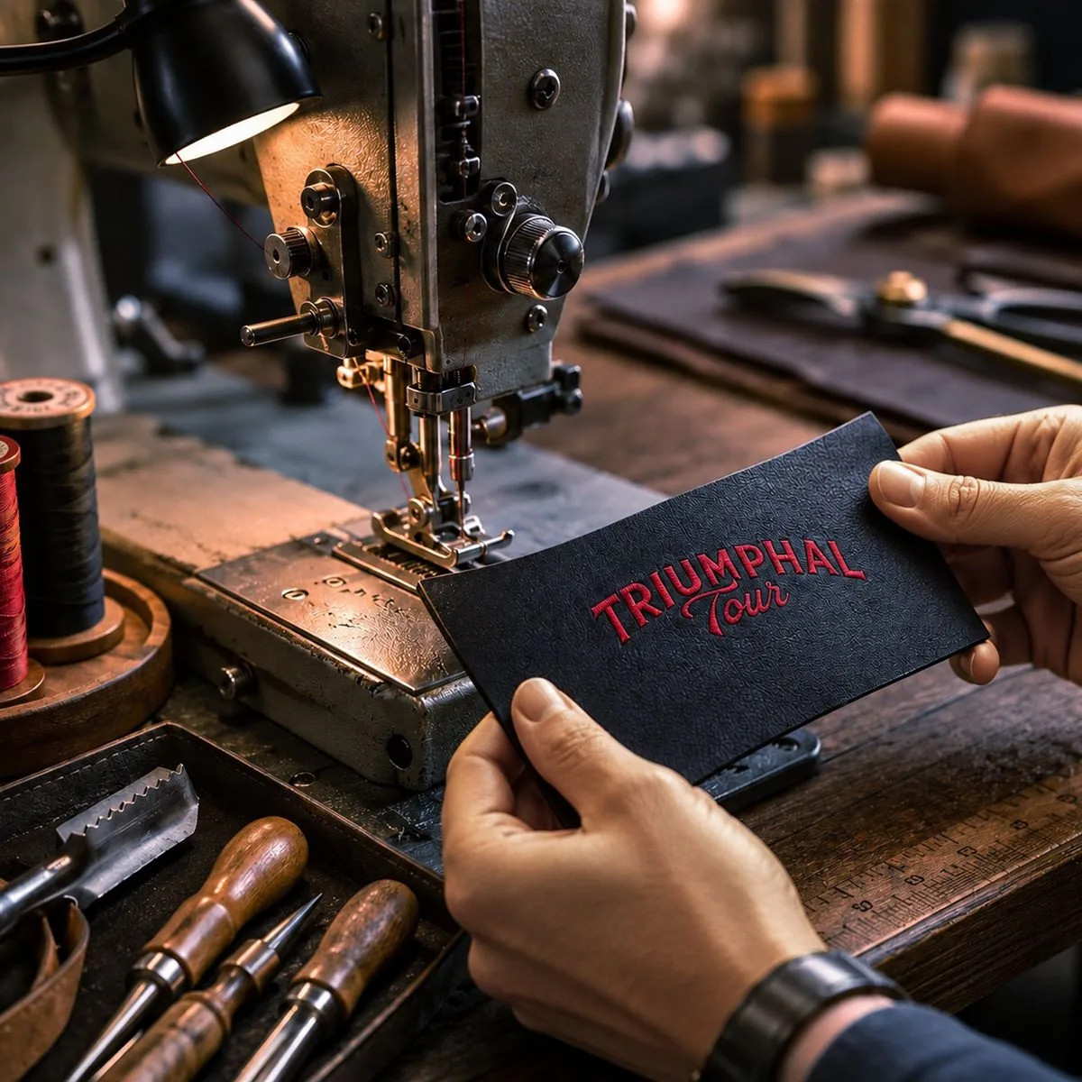 Artisan sewing a Triumphal Tour label in the workshop