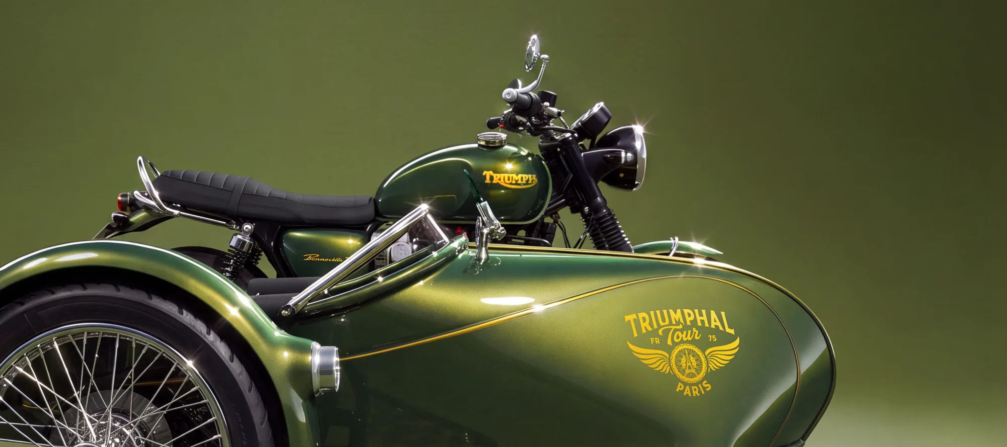 Packshot of the green Triumphal Tour sidecar in profile on a khaki background
