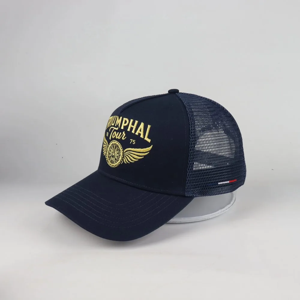 Midnight blue Triumphal Tour trucker cap, gold embroidery and tricolour trim