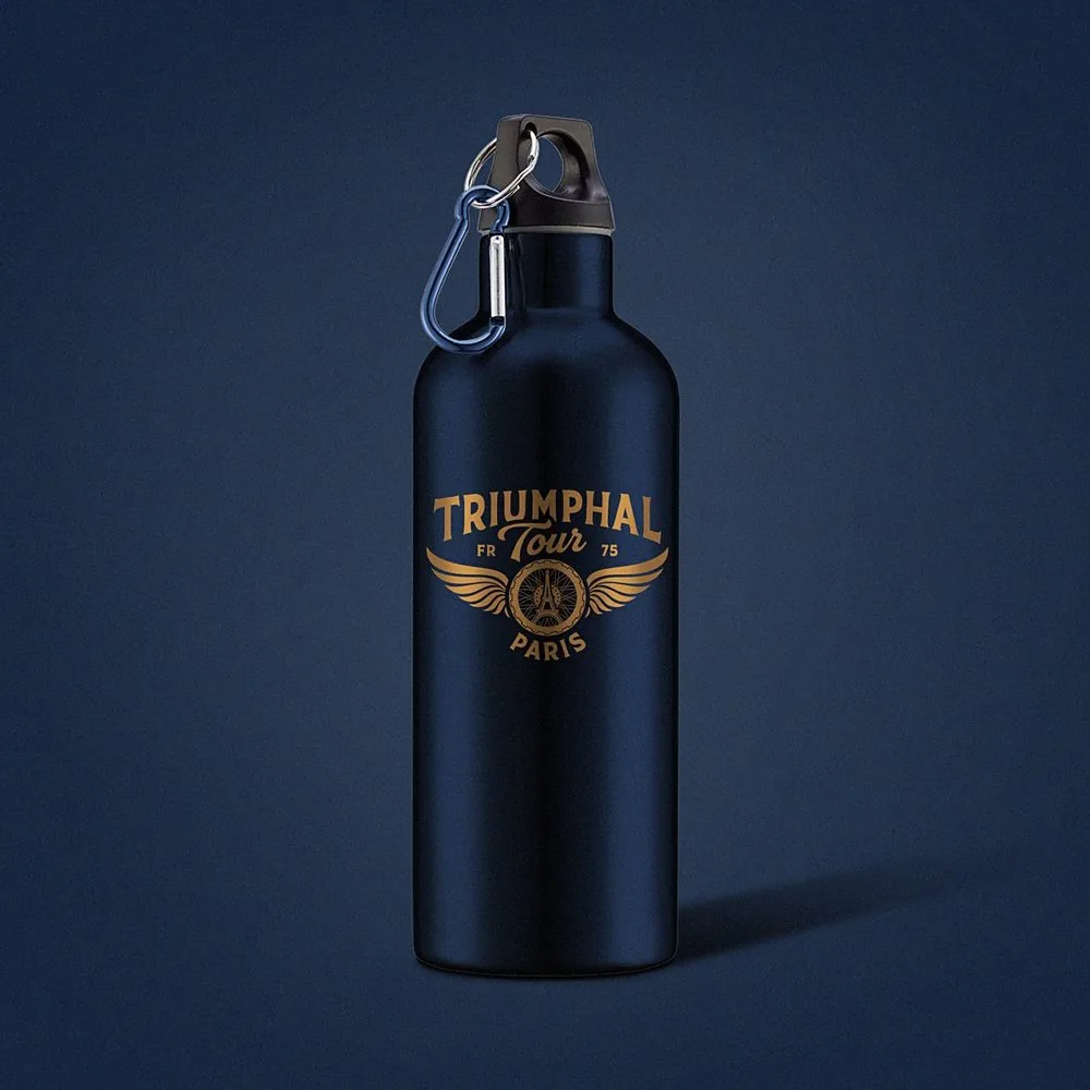 Midnight blue Triumphal Tour tumbler, gold logo and carabiner