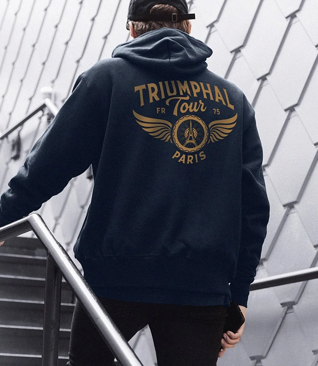 Midnight blue Triumphal Tour hoodie, gold logo on the back