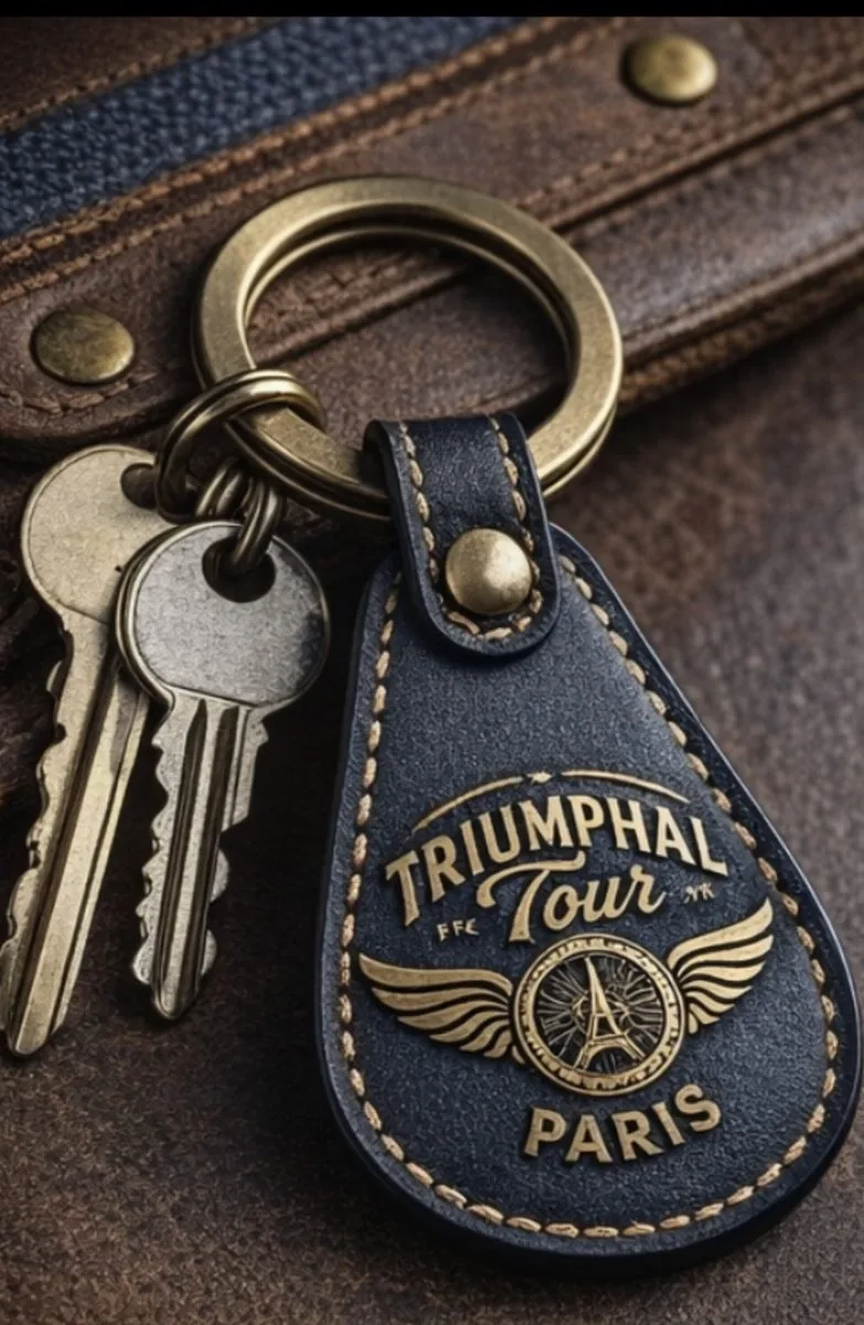 Midnight blue leather Triumphal Tour key ring, embossed gold logo