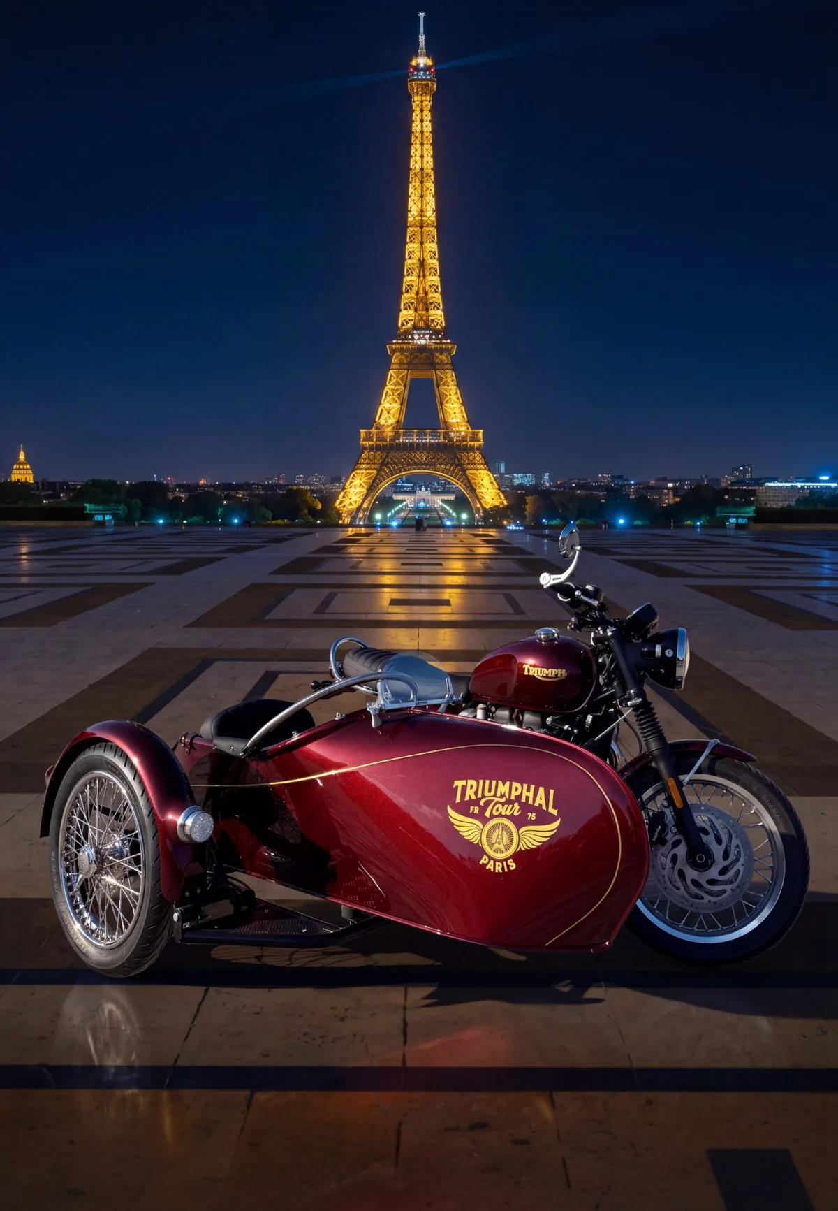 Red Triumph sidecar at the Trocadéro facing the illuminated Eiffel Tower